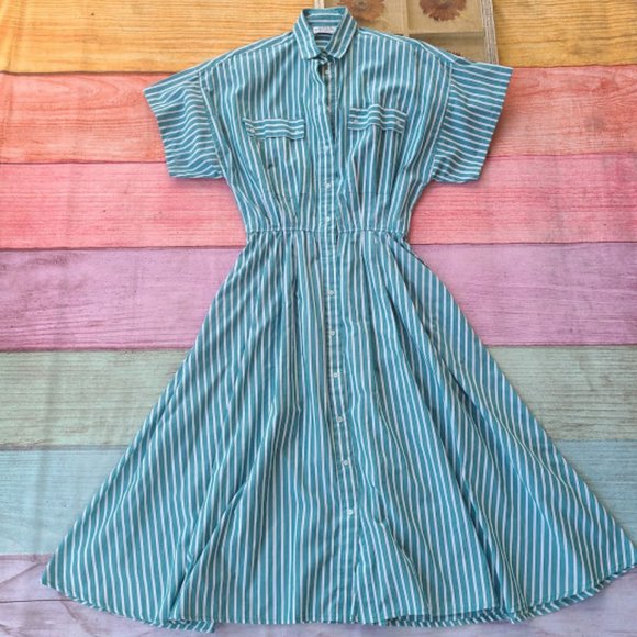 Vintage Dresses & Skirts - Vintage 80s Striped Short Sleeve Midi Shirt Dress